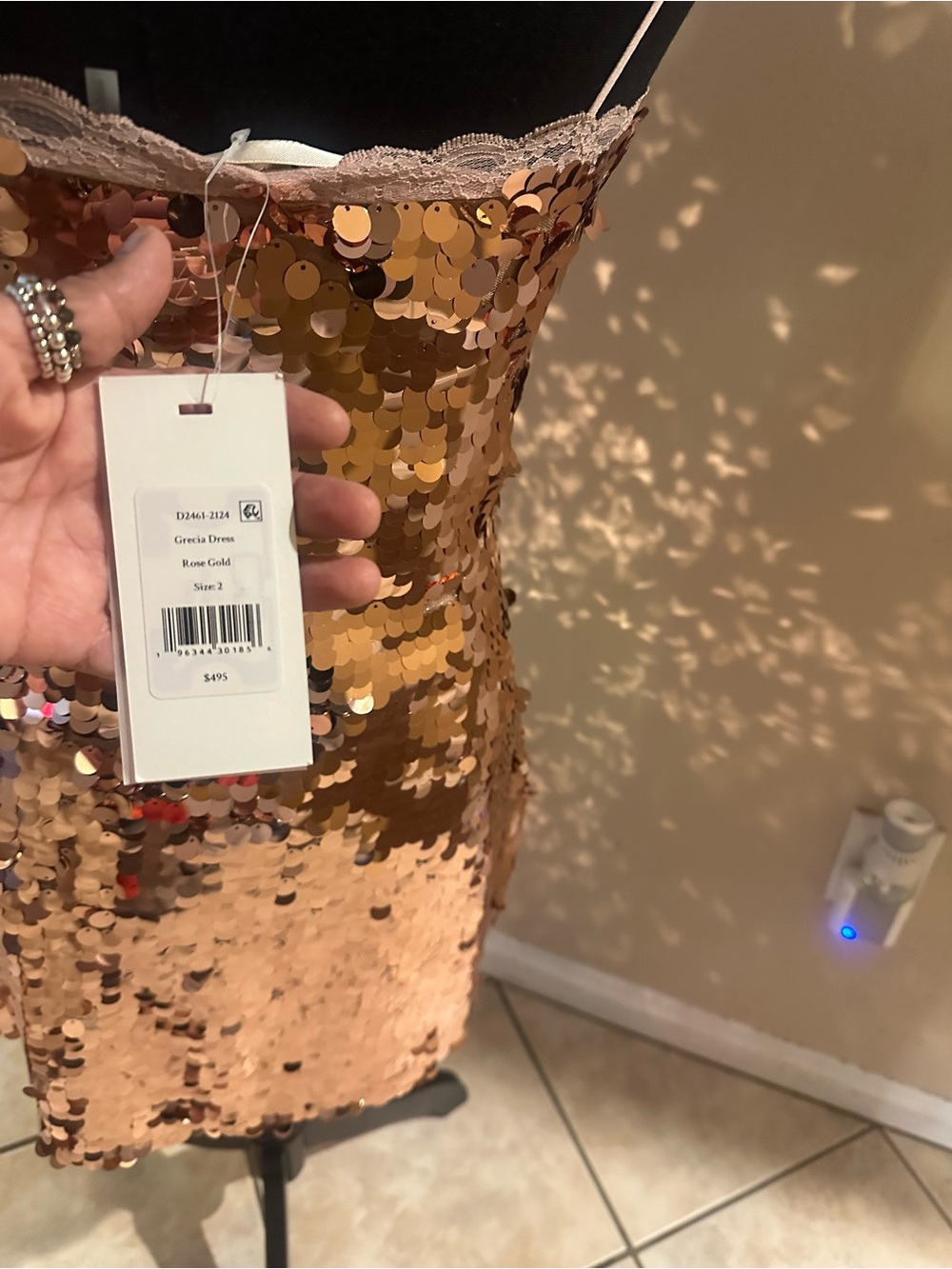 Gold Sequin Slip Dress with Lace Trim - Picture 5 of 5